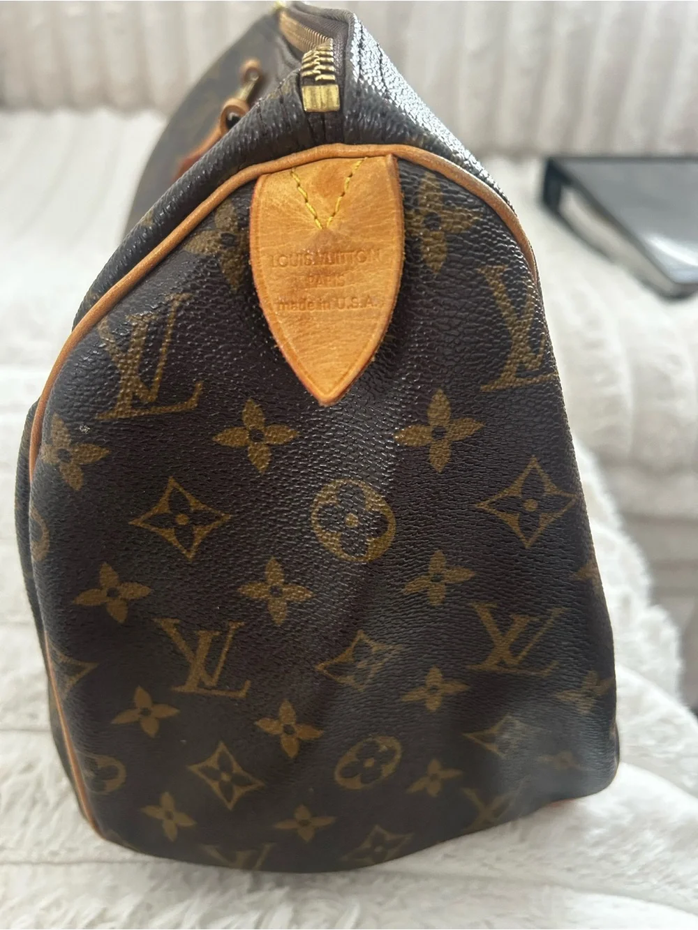 Louis Vuitton Brown Monogram Satchel with Tan Leather Handles